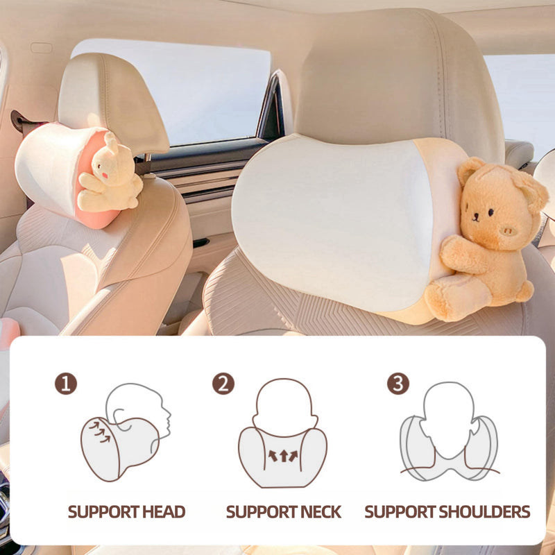 Cute Car Headrest Pillow 2PCS Bear Bunny Car Seat Neck Pillow Memory Foam Neck Support Cushions for Comfortable Driving Easy Install & Washable (Pink+Brown) Pink+brown