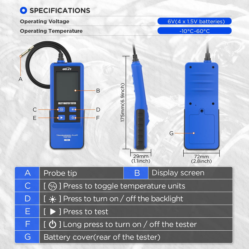 Transmission Fluid Tester Kit Gasoline & Diesel Gearbox Oil Diagnostic Tool High-Precision Diagnostic Analysis Tool with 31.5in Probe Transmittance/Temperature Testing, 2.8in Display (4 Batteries) Transmission Fluid Tester Kit -T20