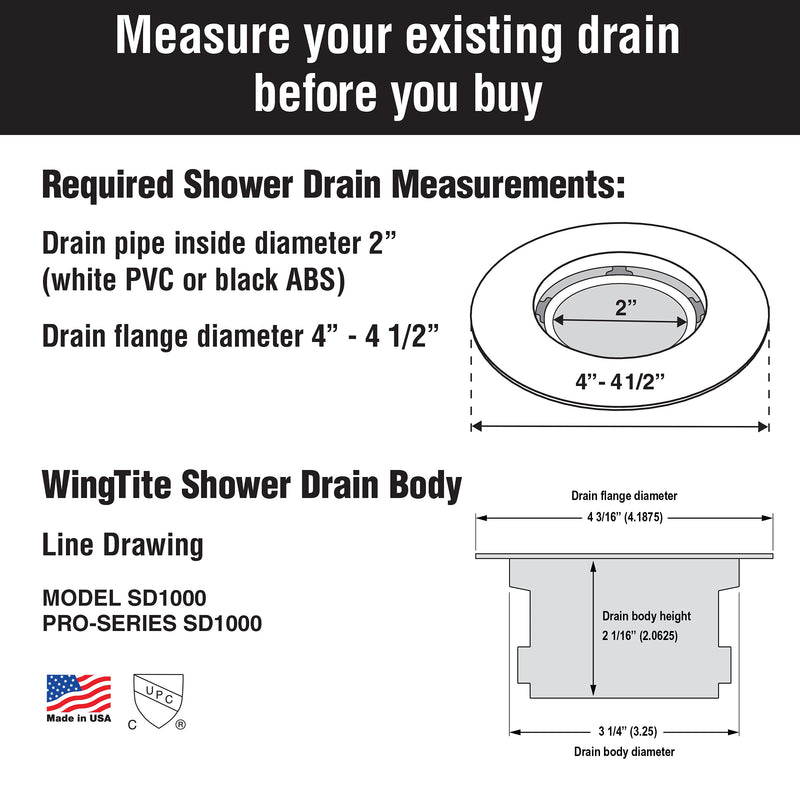 Shower Drain Replacement – Genuine OEM WingTite – 10 Year Warranty – Made in USA – Chrome SD1000 – Installs from the Top – For Fiberglass/Plastic Showers – Fits 2" PVC/ABS – US Tech Support