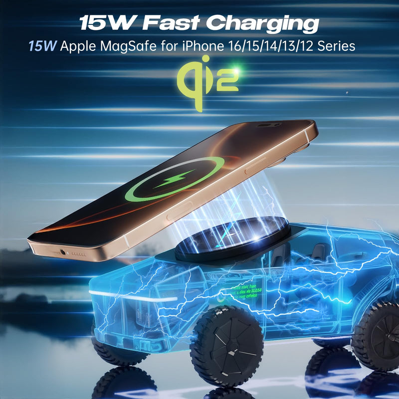 CyberDock 3-In-1 Wireless Charging Station for iPhone with Car Model Design 1:25 Scale, Qi Certified Mag-Safe Charger for iPhone iWatch AirPod, Rotating Charger with Ambient Light, 20W Adapter, Sliver