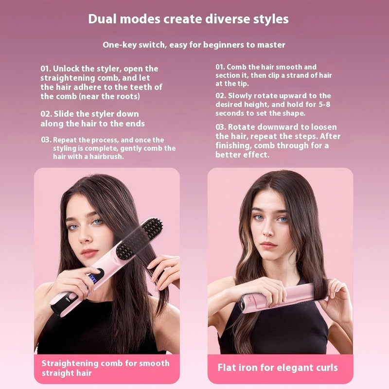  [AUSTRALIA] - Hair Straightening Brush, Cordless Tyre Straightening Brush | 2 in 1 Negative Ion Straightening Iron, Special Ionic Straightener Comb for Frizzy and Kinky Hair, Travel and Home (Black) Black