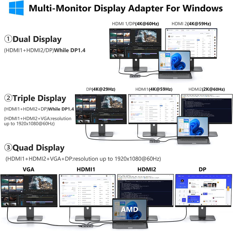 USB C Docking Station Dual Monitor Computer Multiple Monitor Hub Adapter | Laptop Docking Station to Dual 4K HDMI,DisplayPort,VGA, 00W PD,3 USB for HP Dell Lenovo Thinkpad Surface Windows Laptops Grey 8-IN-1