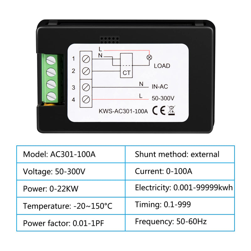 AC Voltmeter Ammeter 50-300V 0-100A Digital Multimeter 110V 220V LCD HD Display Current Voltmeter With Closed Current Transformer 8 In 1 Multifunction Electric Energy Meter Power Detector 100A with Closed Current Transformer
