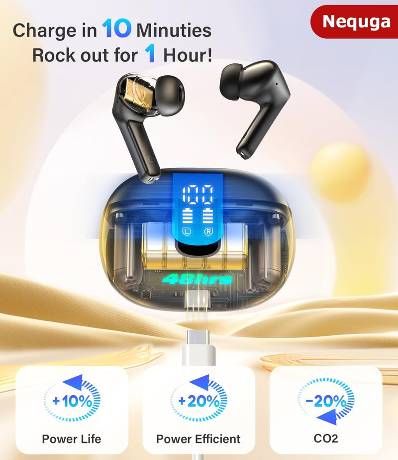 Wireless Earbuds Bluetooth 5.4 Headphones with 48H Playtime Ear Buds | Noise Cancelling Mic, LED Power Display Charging Case, IPX7 Waterproof Bass Stereo Earphones for iPhone Android Phone/Laptop Black