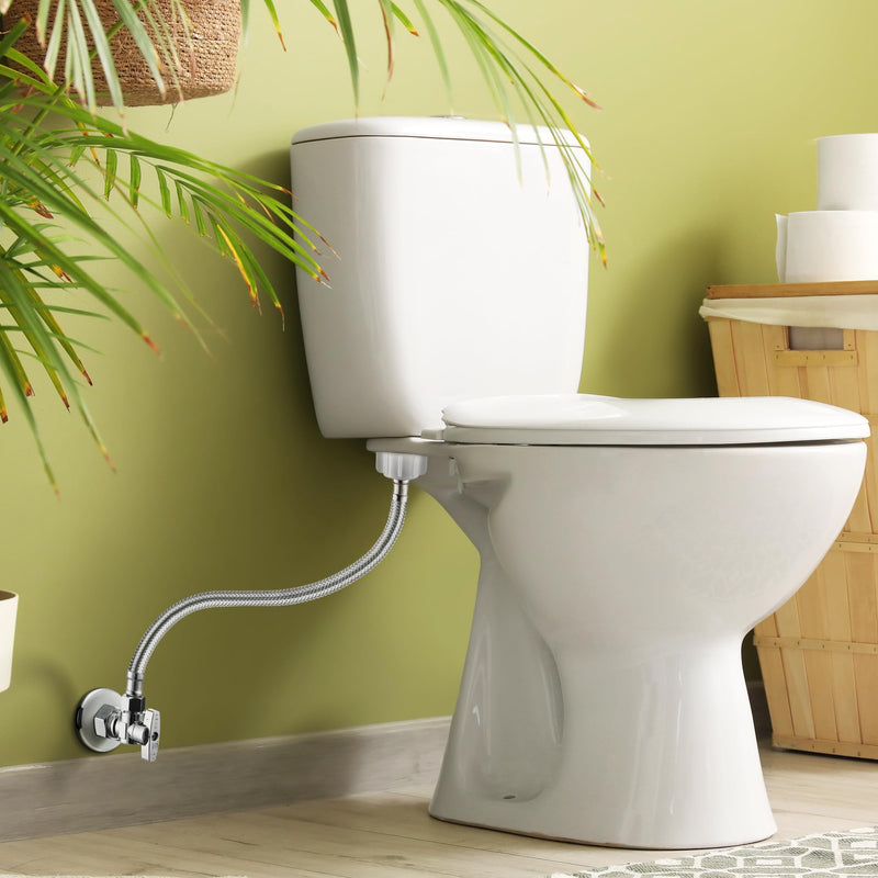 2 Pack Complete Toilet Valve Set, Includes 1/2'' Nom Inlet x 3/8'' OD Compression Outlet Angle Shut Off, 7/8" BC x 3/8" COMP Toilet Water Supply Line, Escutcheon Plate, Sealing Tape (12 Inch) 2 12 Inch