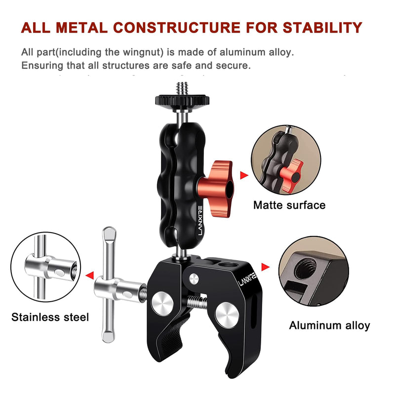 Super Clamp Camera Mount with Double Ball Head Adapter - Compatible with Canon Nikon DSLR, Gopro, LED Lights, Ronin-M/MX, Freefly MOVI - 360° Rotation - 1/4"-20 & 3/8"-16 Threaded Holes