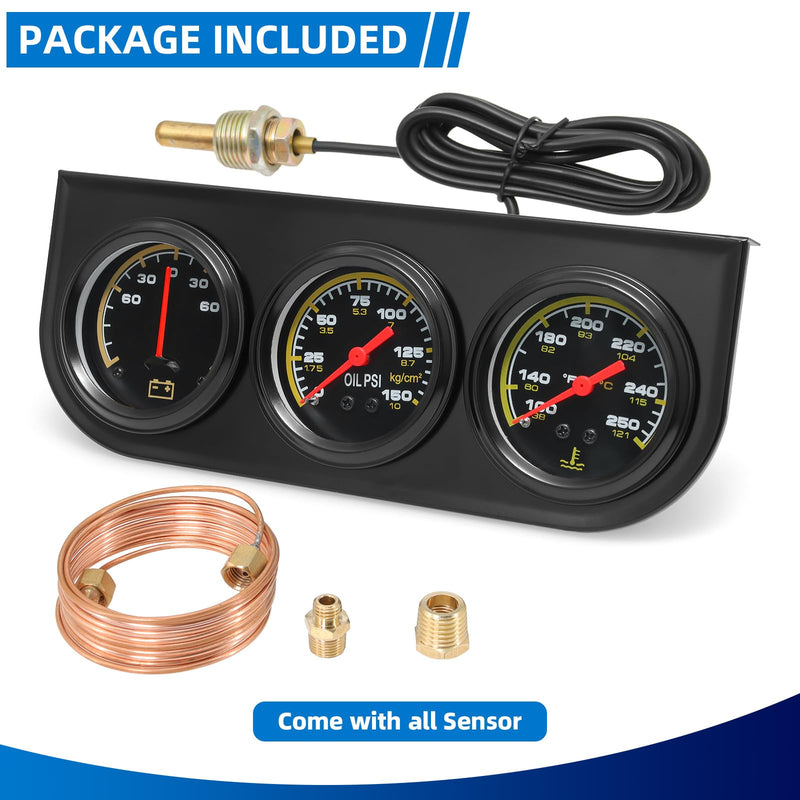 MH 2inch 52mm Triple Gauge Set, Oil Pressure Gauge(0-150PSI) Water Temperature (100°F-280°F) Ammeter (-60 to 60AMP) Car Auto 3 Gauge Cluster Set Kit