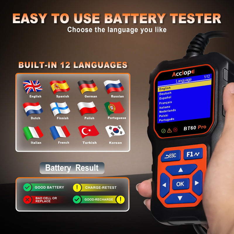  [AUSTRALIA] - BT60 Pro Acclope Car Battery Tester with Cloud Printing 100-3000 CCA 6V 12V 24V AGM Lithium Gel Battery Checker Automotive Alternator Digital Analyzer Charging Cranking System Vehicles Truck Home-use