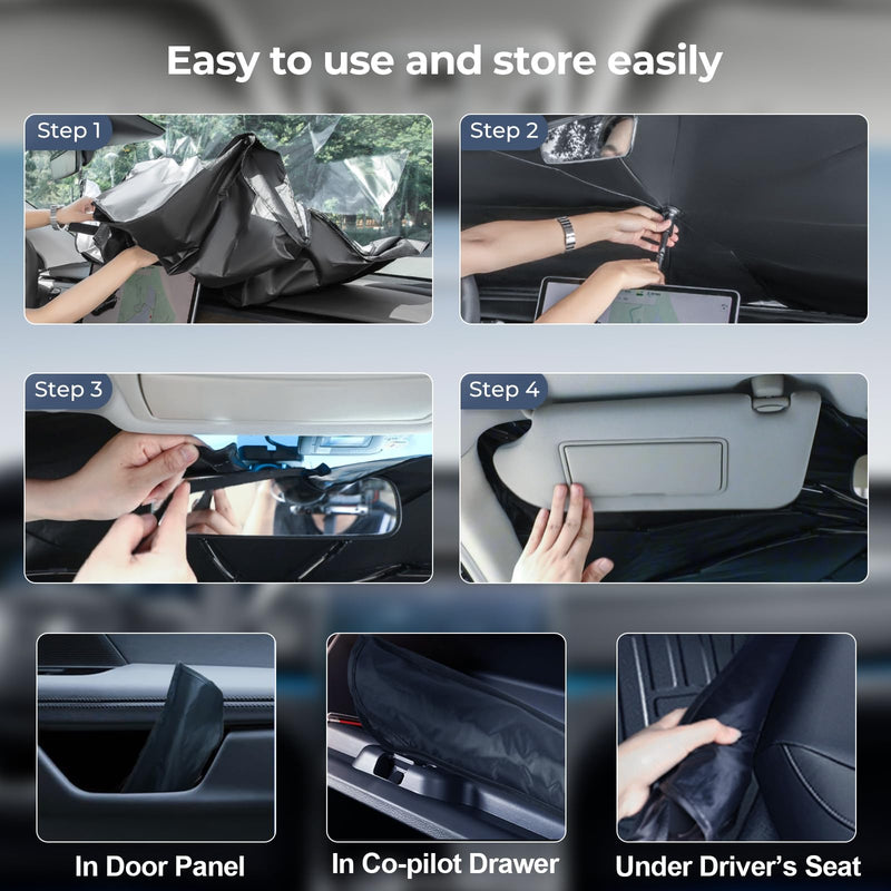 Windshield Sun Shade Umbrella Compatible with Tesla Model 3 2016-2024 2025: Highland Front Car Window Shades - Foldable Model 3 Sunshades Block UV Keep Cool for Model 3 2016-2023 2024 2025 Thickened-for Model 3 (Blocks 99% of UV & Heat)