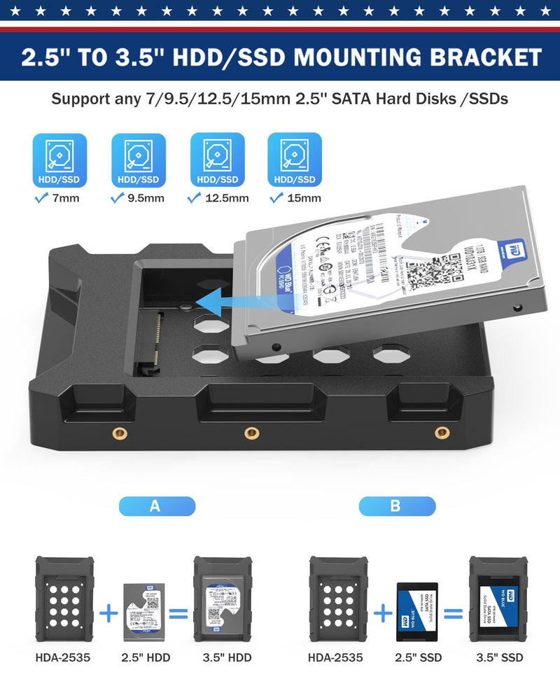 2.5'' SSD SATA to 3.5'' Hard Drive Adapter SSD Mounting Bracket Kit 1 Pack Internal SSD Desktop Adapter Hard Disk Drive Mounting Bracket Tray Case HDD Cage SSD Caddy Holder Converter for PC