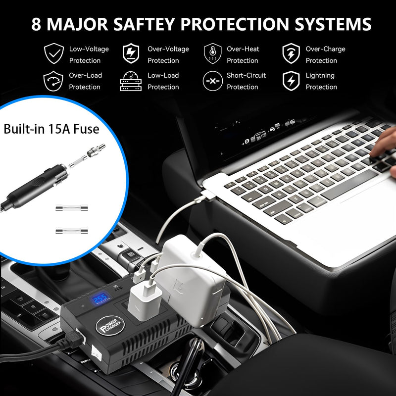 Car Power Inverter 120W DC 12V 24V to AC 110V Car Charger Adapter with 3 AC Outlets Dual Cigarette Lighter 4 USB Ports Charger Quick Charging 3.0 for Phones Tablets Laptops Kindle (Black) Black