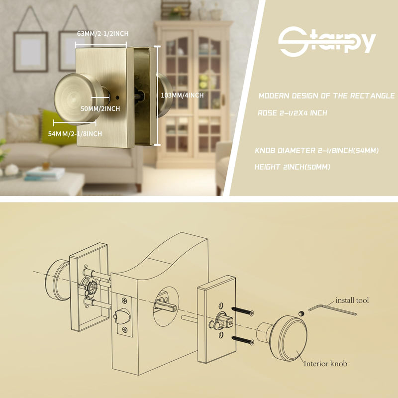 Gold Interior Door Knob for Bath & Bedroom Use | Zinc Rectangle Rosette, Push Lock for Privacy Gold