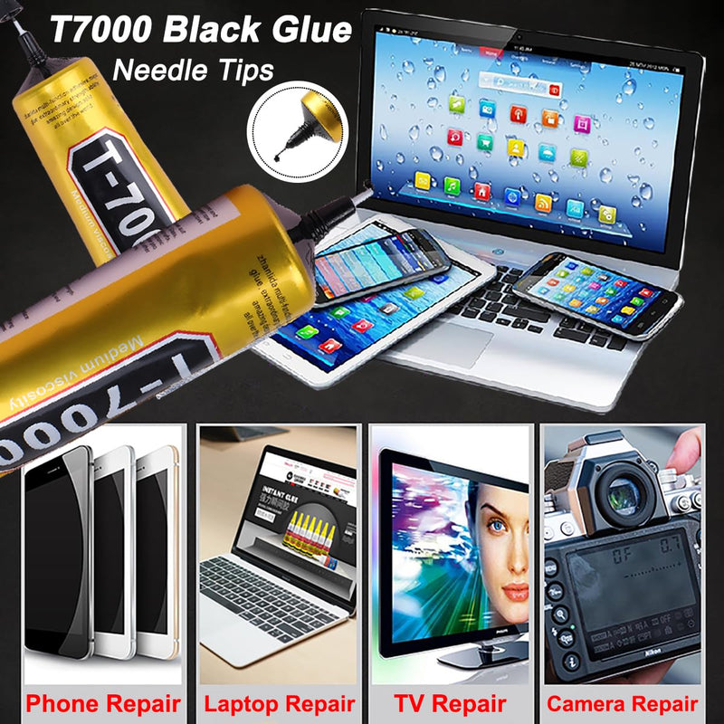 T7000 Black Glue for Cell Phones Mobile Repair Tools kit with Precision Tip, 4Pcs 15ml 50ml 110ml Waterproof Glue Speaker Earphone Electronics Computer Tablets LCD Screen Super Adhesive T-7000 Sealant 4Pcs Bulk T7000 Black Glue with repair tools kit