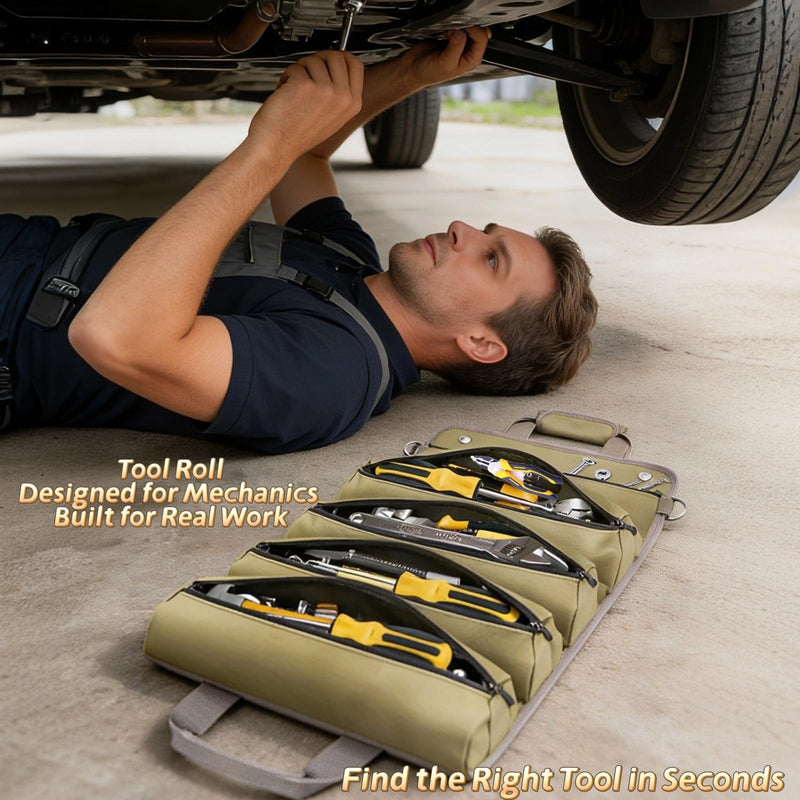 Tool Bag Roll Up Portable Tool Roll Organizer-Gifts Dad Roll-Up Tool Bag Pockets for Wrenches, Sockets & Hand Tools for Mechanics & Electricians Handyman Khaki