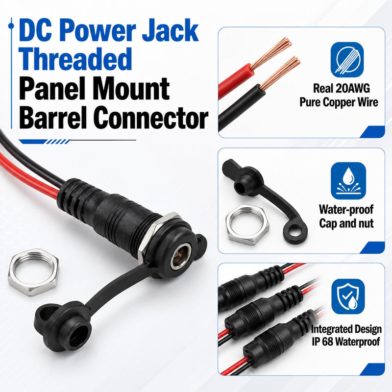 8 PCS 5.5 x 2.1mm Female DC Power Jack Threaded Female Panel Mount Barrel Connector Adapter with 6 Inch 20 AWG Pre-soldered Wires and Waterproof Cover Cap