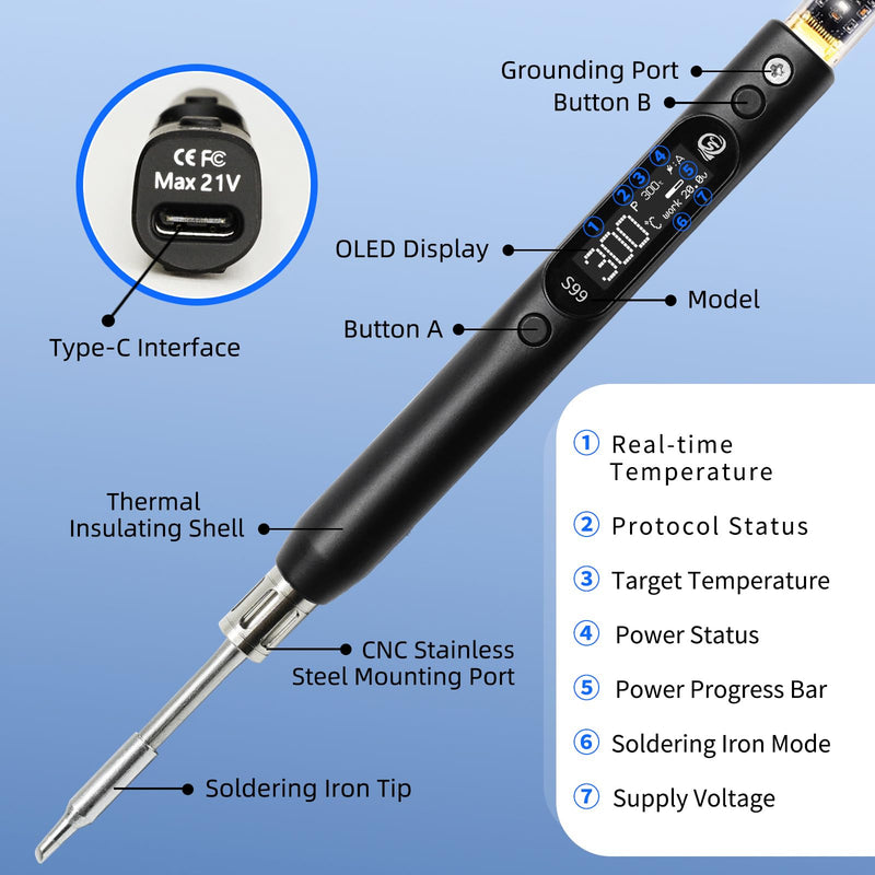 SEQURE S99 Soldering Iron Kit 150W Electric Soldering Iron with 4 Soldering Tips OLED Digital Temp Calibration 50°C-500°C Adjustable Temperature
