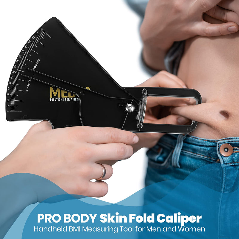 Pro Body Skin Caliper - Handheld BMI Measuring Tool - Accurate Skinfold Caliper Measures Fat for Men and Women, for Monitoring Fitness and Weight Loss Goals, Instructions and Body Fat Chart, Black Black & White Caliper