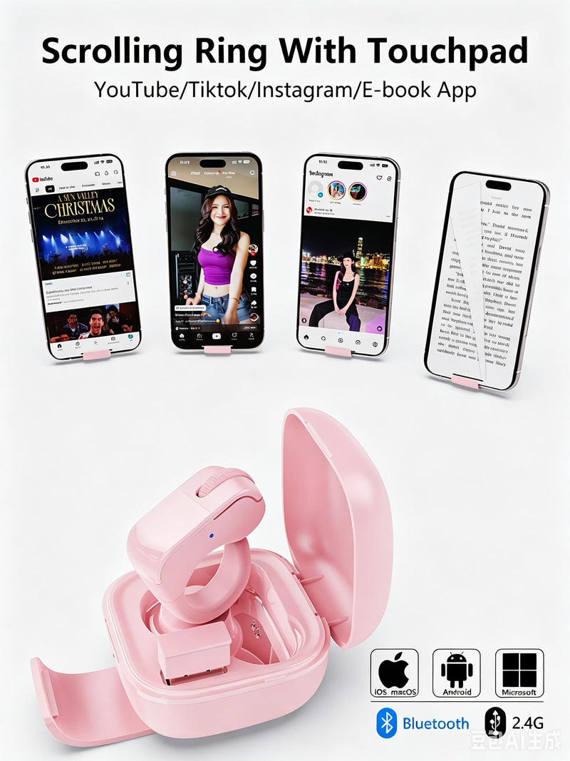 Bluetooth & 2.4GHz Wireless Dual Mode Mini Finger Ring Mouse with Touchpad — Rechargeable Pink Wearable Remote Control for TikTok, Kindle,PPT,Camera,with Charging Case,for PC,Laptop,Tablet,Phone