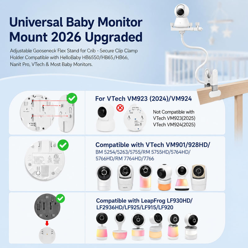 Baby Monitor Mount for HelloBaby: HB65/HB6550/HB66/HB248/HB30 | Adjustable Flex Stand - 3-Second Tool-Free Clamp - Non-Slip Rubber Grip - Secure for Crib - Fits 15-60mm Rail