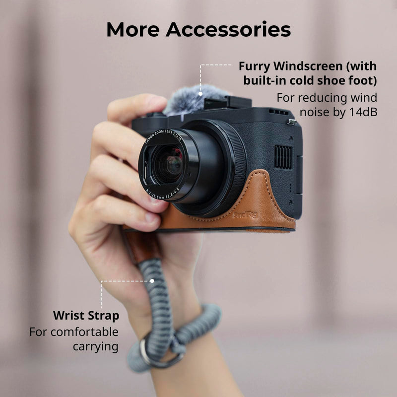 SMALLRIG PowerShot V1 Leather Case Kit for Canon, Including Half Leather Crate, Flip Case Cover, Wrist Strap & Furry Windscreen, Portable and Protecting (Brown) -5385 Brown