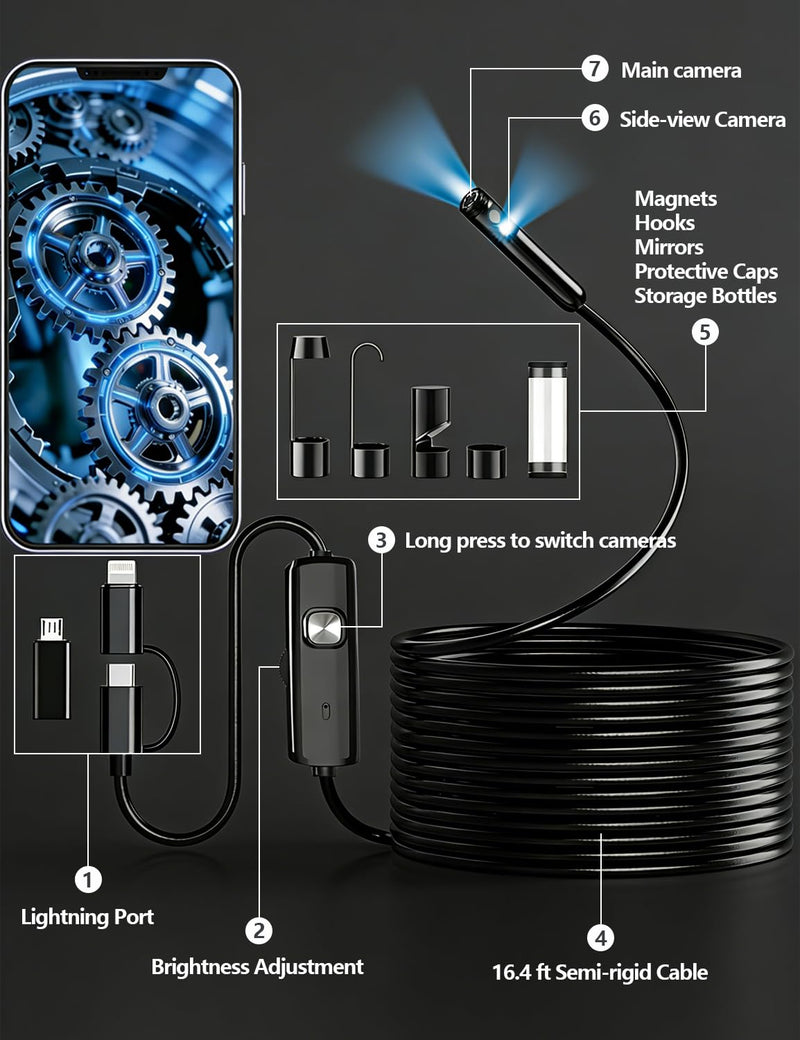 Dual-Lens Endoscope Camera with Light, 1920P HD Borescope with 8 Adjustable LEDs, 16.4FT Semi-Rigid Snake Cord, IP68 Waterproof Inspection Tool for iOS, Android, Automotive, Plumbing, HVAC (7.9mm)