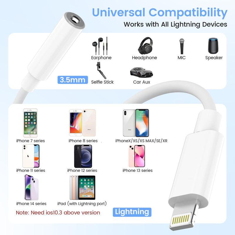 Apple MFi Certified Lightning to 3.5mm Headphone Jack Adapter 2 Pack with Microphone – Hi-Fi Audio Dongle Aux Converter Cable with DAC Chip Earphones Adapter Compatible with iPhone 14/13/12/11/XR/8/7