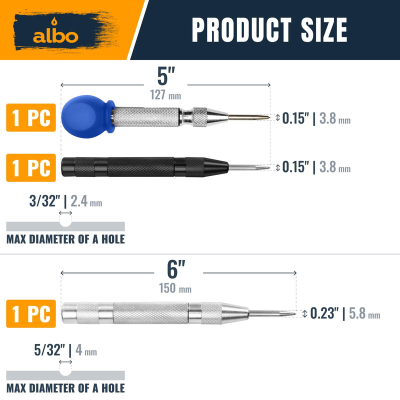 ALBO Automatic Center Punch Set – 3 Heavy Duty Spring Loaded Punch Tools for Metal, Wood, Steel – Precision Tips, Galvanized & Blackened Options, Storage Box – Ideal for DIY, Workshop & Professionals Set 5'' with cap, 5'', 6''