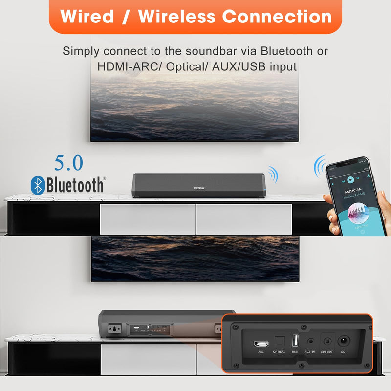 Bestisan Sound Bars for TV, 16'/50W Small Soundbar for TV, Sound Bar with Depths Sound Enhanced/DSP/Bass+/3EQ, Surround Sound Speakers for TV Works with HDMI ARC/CEC,Optical/BT/PC … 16inch Black