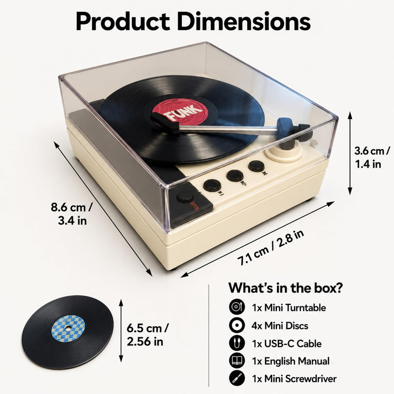 Mini Record Player with Voice Recording, 4 Discs, Auto-Spinning Desk Decor | Includes 3 music discs and 1 blank disc. All 4 discs record. Recording over music erases it permanently. Black