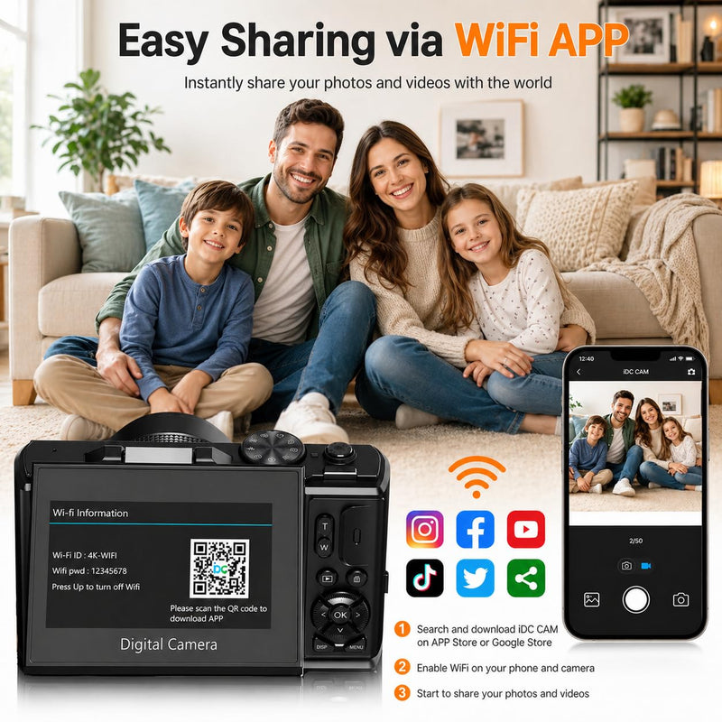 4K Digital Camera for Photography, 64MP Vlogging Camera for YouTube | Point and Shoot Camera with WiFi Sharing, 18X Digital Zoom, 3" 180° Flip Screen, 32GB Micro SD Card & 2 Batteries, Black