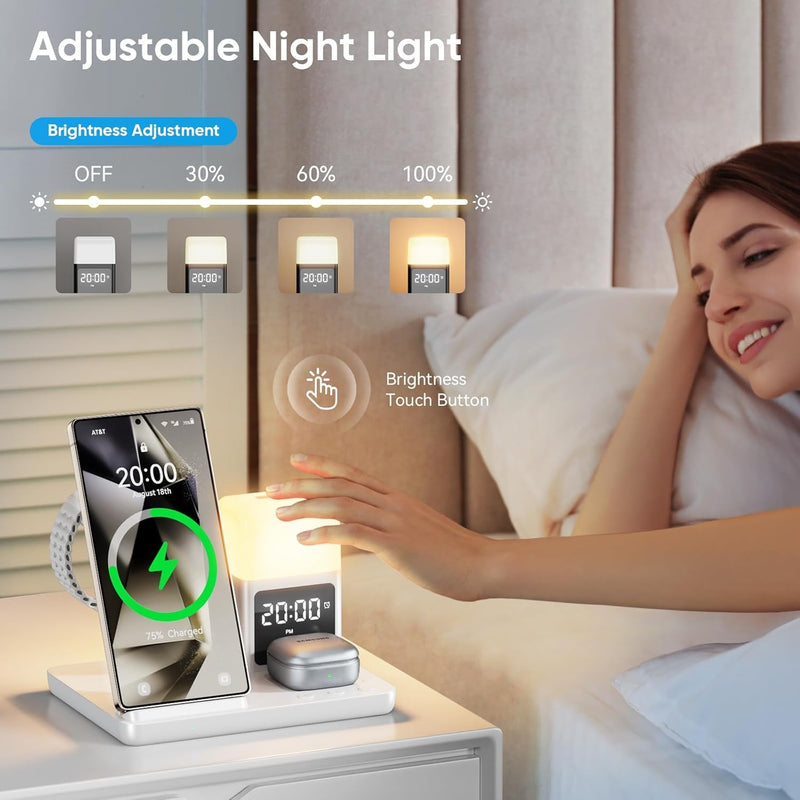 6 in 1 Wireless Charging Station for Samsung Android with Clock & Night Light,Alarm Clocks for Bedrooms,Wireless Charger Beside Clock for Galaxy S26 S25 S24 Ultra Galaxy Watch Buds White