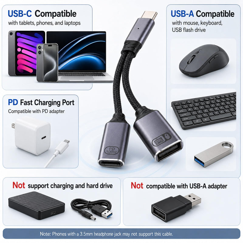 1 PCS USB C Splitter 1 in 2 Out, USB C OTG Adapter and Charger PD Charger Splitter Y Cable with 60W PD Fast Charging Compatible for Vehicles, Desktop PCS, Smartphones