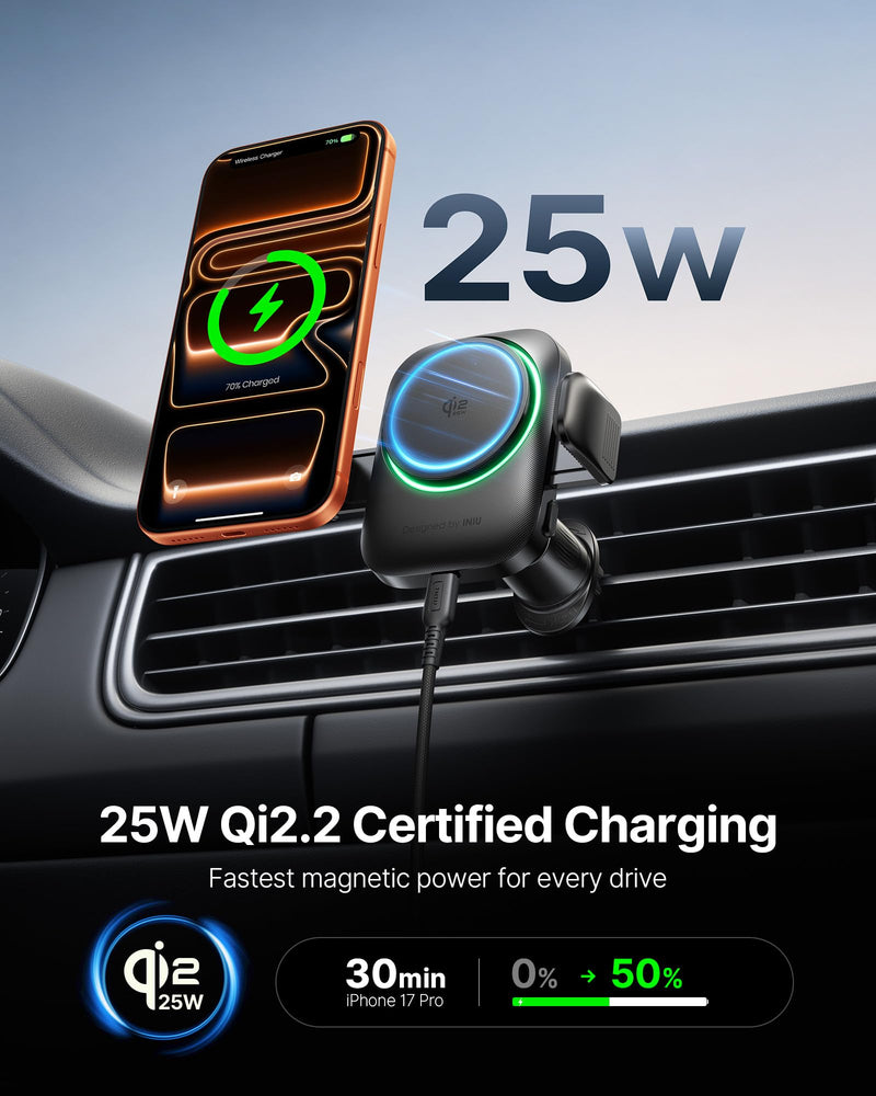 INIU MagSafe Car Mount Charger, Original Qi2.2 Certified 25W Fast Charging | 3-in-1 Magnetic Wireless Charger, Cooling Fan to Extend Battery Life, Extra Clamp for Bumpy Road, for iPhone 17-12 Series