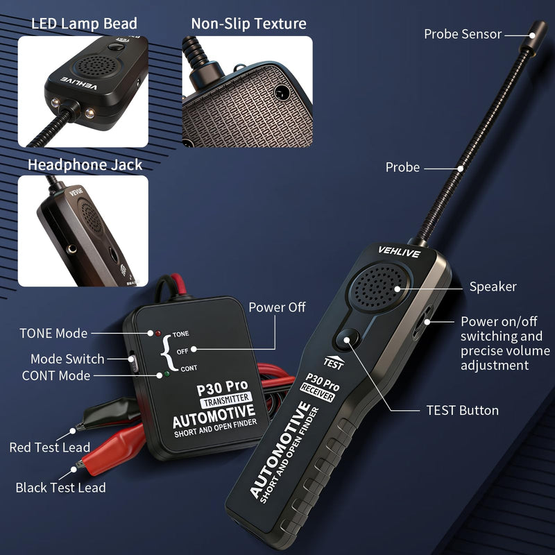 P30 Pro Circuit Tracer with Dual LED Lights, Automotive Electrical Open & Short Finder, Fault Probe Cable Tester, Diagnostic Tool for Vehicle Wiring Repair, Cable Toner, DC 6-42V(With Battery) With Battery