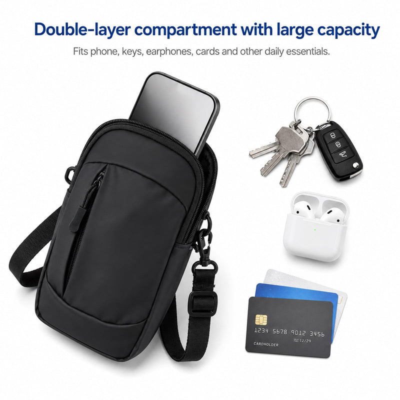 Cell Phone Crossbody Bag with Arm Band, Sturdy Phone Running Holder | Lightweight Phone Pouch for Running Hiking Travel Workout Adjustable Running Phones Holder for Gym Men Women Black