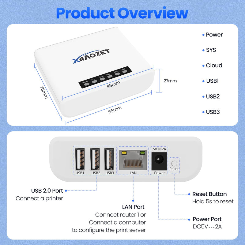 Wireless Print Server for Sharing 3 USB Printers Over Local Network, Easy Setup, Supports Image and Text Printing, Compatible with All RAW and IPP-Supported Printers LK300W. 3 USB Port