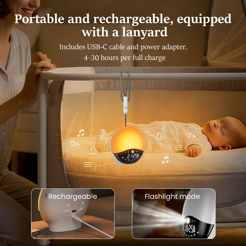  [AUSTRALIA] - Wake Up Light Sunrise Alarm Clock for Bedrooms, Rechargeable Sound Machine Night Light, 28 Sleep Sounds, 12 Colors, Dual Alarms, White Noise Sound Machine for Baby and Adults
