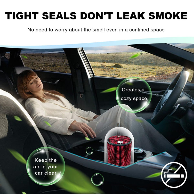 Car Cigarette Ashtray with Lid, Stainless Steel Bling Crystal Diamond Smokeless Fireproof Vehicle Ashtray Holder, Portable Sparkling Ashtray Cup Holder for Car Home Office (Red) Red
