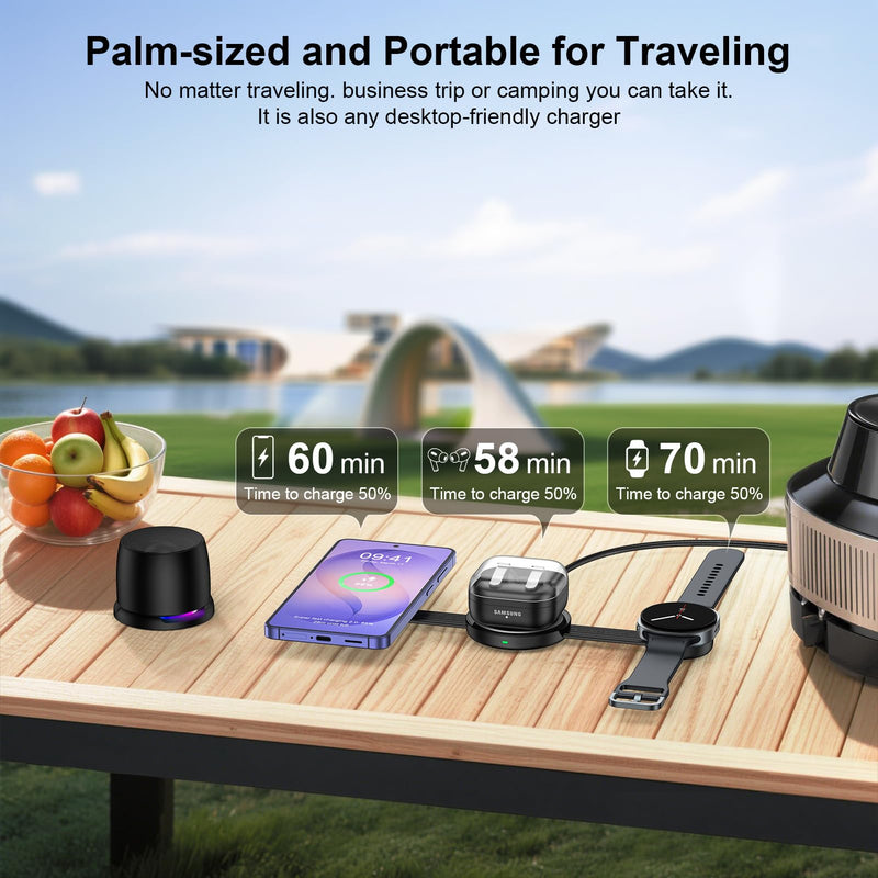 3 in 1 Wireless Charging Station Samsung, Foldable Wire Less Charging Pad for Samsung S26 S25 Ultra S24, Fast Charging Station Galaxy Watch8/7 Galaxy Buds4, Travel Charger for Samsung Multi Devices Wireless Charger Black