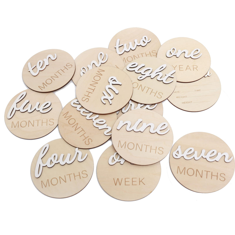 3D Wooden Monthly Milestone Cards, Baby Monthly Milestone Marker Cards, Newborn Memento Milestone to Document Baby's Growth, Pregnancy Journey Sign -incl Announcement & Hello World Sign.