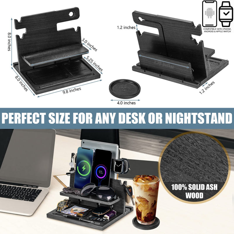 Black Wood Phone Docking Station for up to 3 Phones - Nightstand Organizer for Men & Women, Compatible with Apple Watch, Holds Phones, Tablets, Keys, Rings, Glasses, Watches, EDC & More Black Medium No Drawer, For Apple Watch