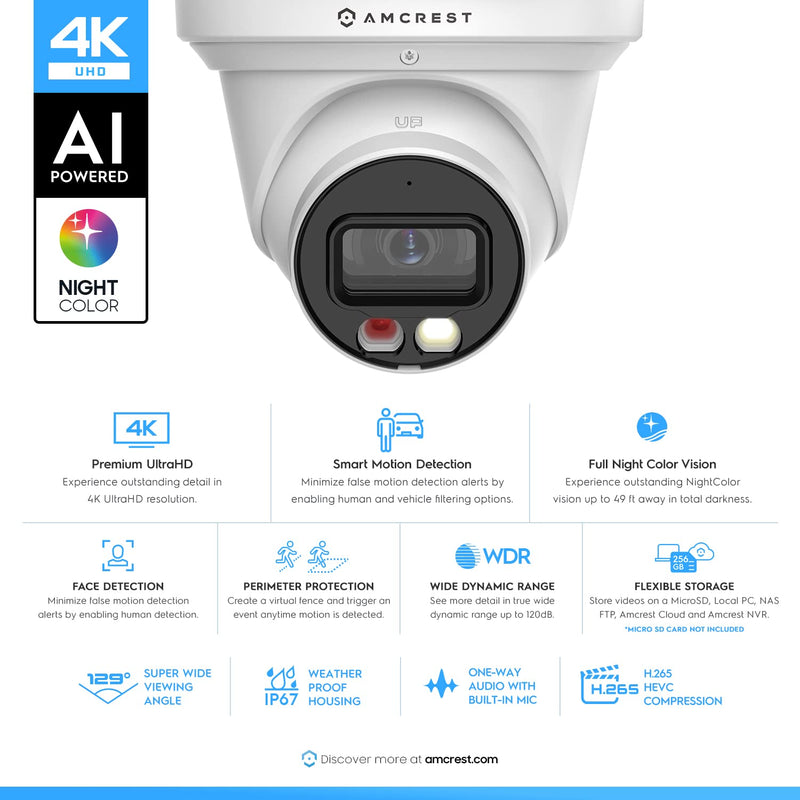 Amcrest UltraHD 4K (8MP) IP PoE AI Camera, 49ft Nightcolor, Security Outdoor Turret Camera, Built-in Microphone, Human Detection, Active Deterrent, 129° FOV, 4K@15fps IP8M-2779EW-AI (White) White