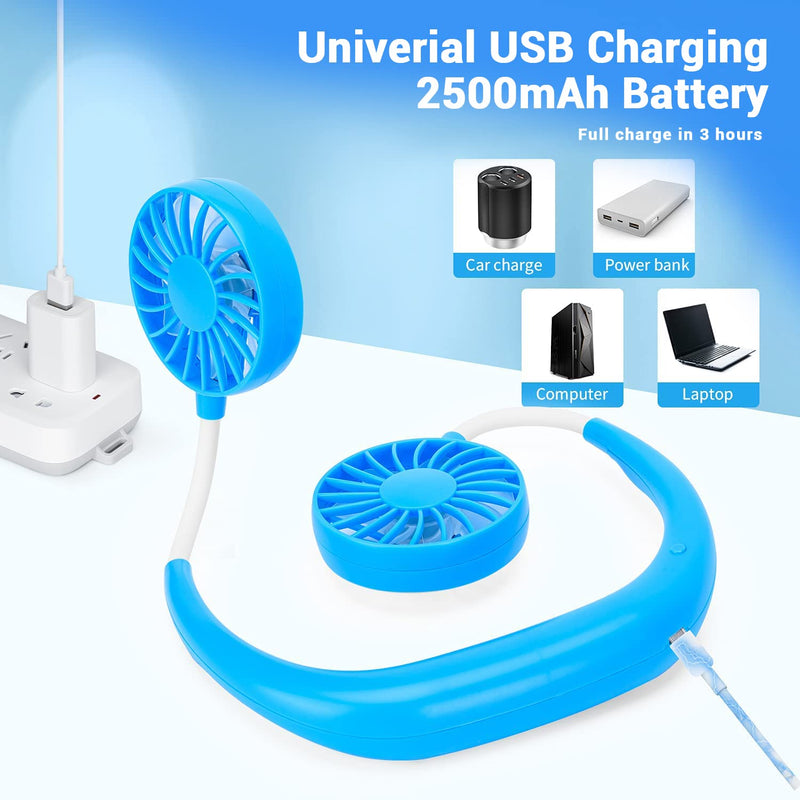 Portable Neck Fan Rechargeable Personal Hand-Free Fan Mini USB Wearable Neckband Sport Fan, 3 Speed Adjustable, 360 Degrees Free Rotation Perfect for Working, Traveling, Office, Reading (Blue) Blue