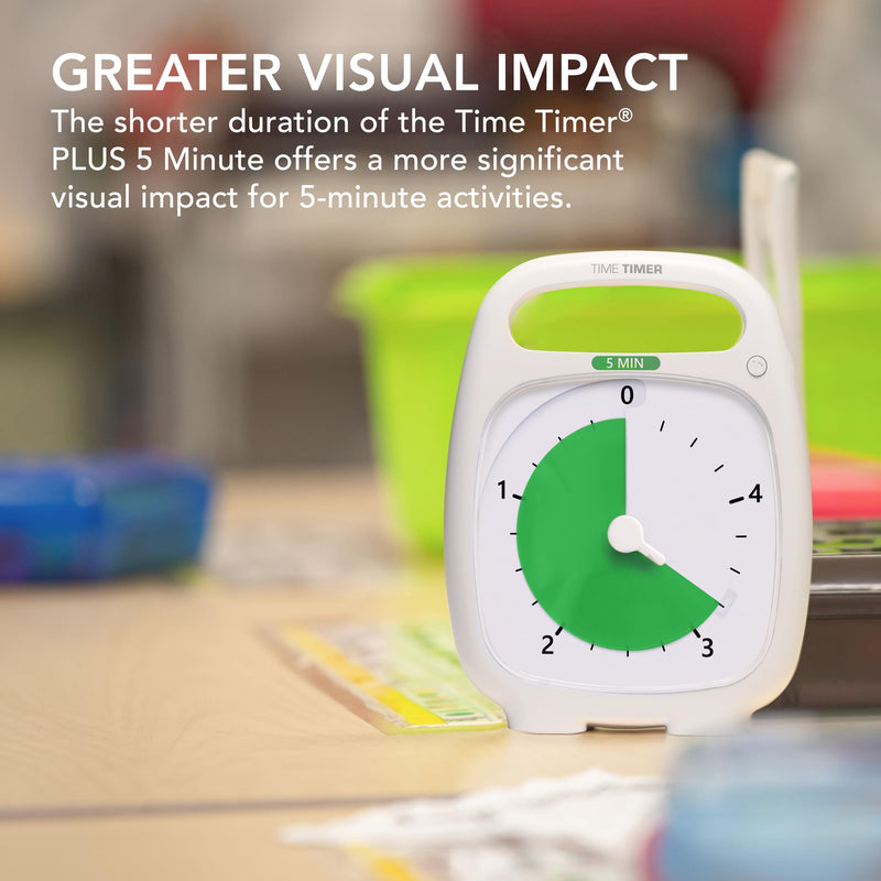 TIME TIMER PLUS 5 Minute Desk Visual Timer - Countdown Timer with Portable Handle for Classroom, Office, Homeschooling, Study Tool with Silent Operation (White) 5 Minutes