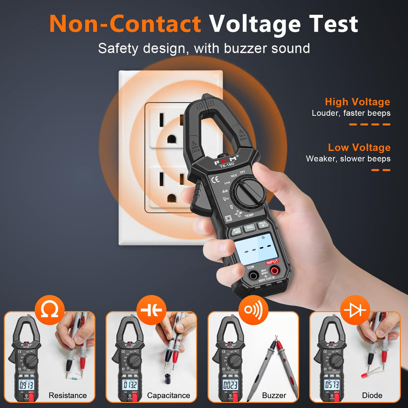 FKM AC/DC 600 Amp Clamp Meter Multimeter Tester TRMS 6000 Counts Auto-ranging Smart Digital Voltage Tester,for AC/DC Current/Voltage,NCV Detection,Capacitance,Resistance,Ohm,Continuity,Diode,Hz,Temp Black-(AC/DC Current)Clamp Meter