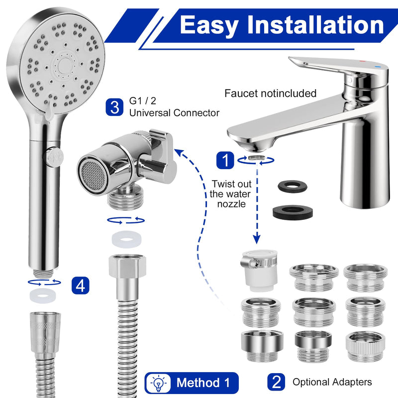 Bathtub Faucet Shower Head Sink with 79" Hose, Tub Faucet Sink Hose Sprayer Attachment Set (8 Adapters) for Bathroom Garden, ON/OFF 6 Modes High Pressure Handheld Shower Extension Kit, Removable