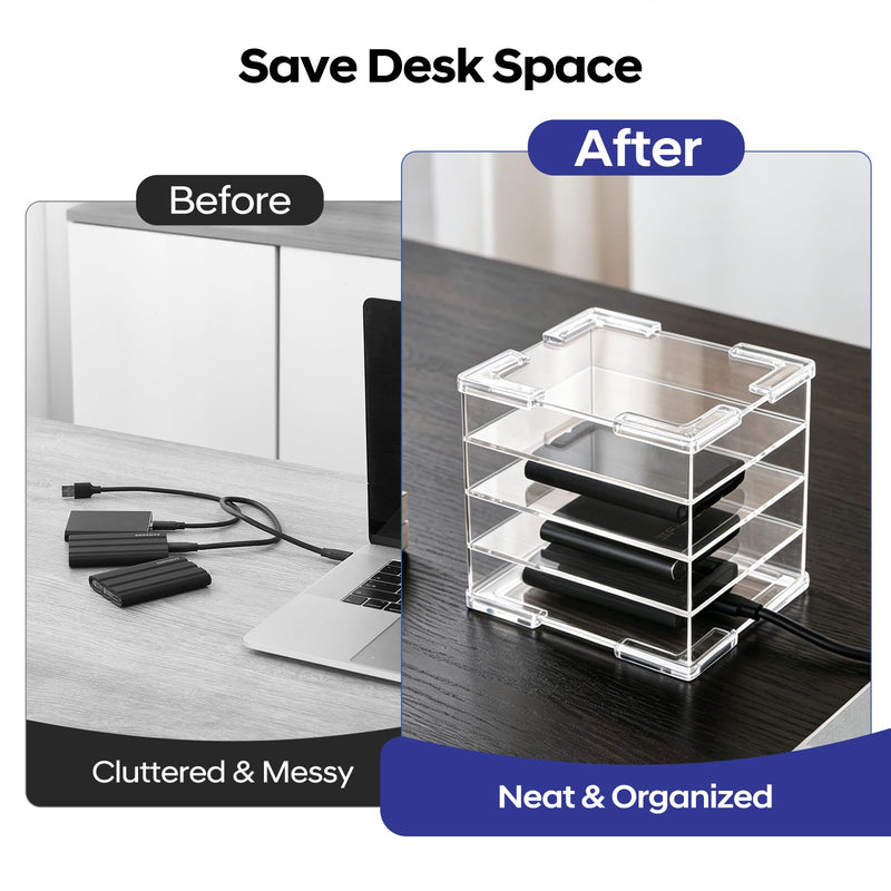 Acrylic External Hard Drive Organizer, 4-Bay Desktop Holder for HDD & SSD, Clear Portable Drive Storage