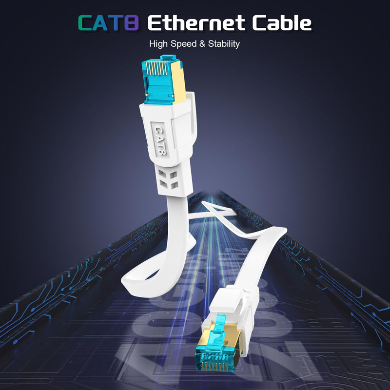 Cat 8 Ethernet Cable 100 FT, Heavy Duty High Speed 40Gbps 2000Mhz Internet Network Patch Cord, RJ45 Shielded Flat LAN Cable, Outdoor&Indoor Weatherproof S/FTP UV Resistant for Gaming, Router, Modem CAT8-100FT White