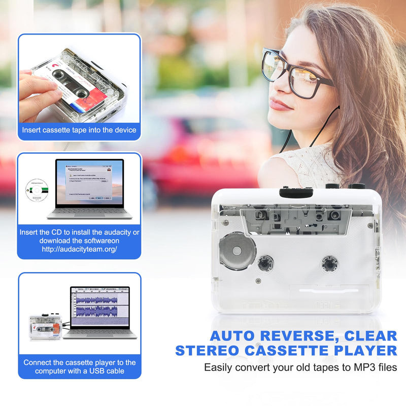 Auto Reverse ＆Clear Stereo Cassette Player,Built-in Cool Copper Wheel Movement＆Earphone,Cassette Tape to MP3 Converter with Tape Converter Software,Powered by USB Power Cord or AA Battery