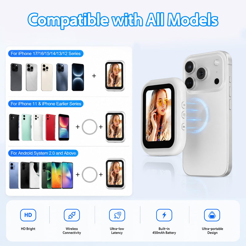 Magnetic Selfie Monitor Screen for iPhone & Android, 2.4" HD Back Camera Selfie Monitor with 50FT Wireless Preview and Capture for Vlogging, Live Streaming & Content Creation